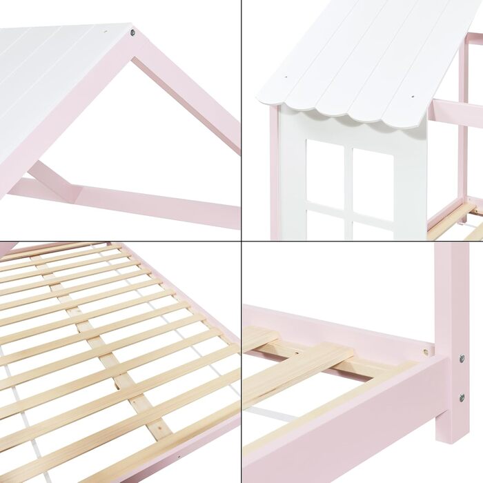 Дитяче ліжко Tostedt en.casa: ліжко-будиночок, ліжко-ігровий будиночок, ліжко Монтессорі з масиву сосни, 120x200 см, рожево-біле