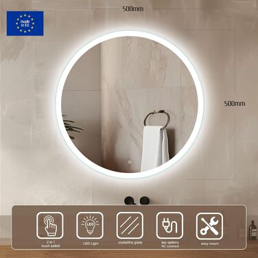 Дзеркало для ванної кімнати Venti 60 см з підсвічуванням, LED дзеркало для ванної, кругле настінне дзеркало з білим світлом, сенсорне керування (50x50 см)