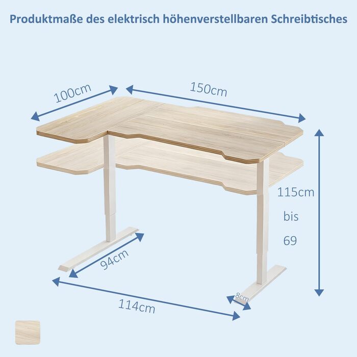 Електричний кутовий стіл з регулюванням висоти 150 см, L-подібний, з 4-ма пам'ятями, світлий дуб, для дому та офісу
