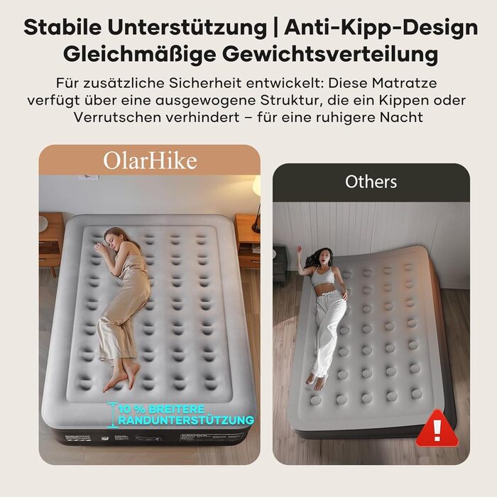 Надувний матрац OlarHike для кемпінгу та дому - 203 x 152 x 46 см, чорний, на 2 особи, XL