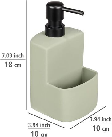 Диспенсер для миючого засобу Festival Stone Black, багаторазовий дозатор мила з високоякісного полістоуну для кухні, додатковий відсік для губки для миття посуду, об'єм 380 мл, 10,5 x 18 x 11 см (Зелений/Чорний)