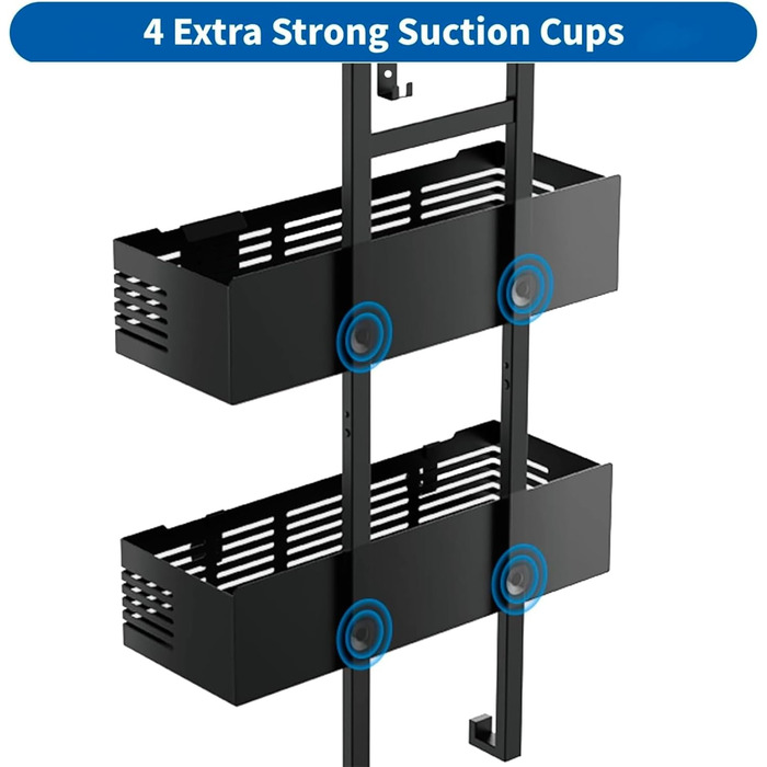 Настінна поличка для душу без свердління, чорна, для скляних душових кабін, регульована висота, 3 гачки для шампуню та гелю для душу