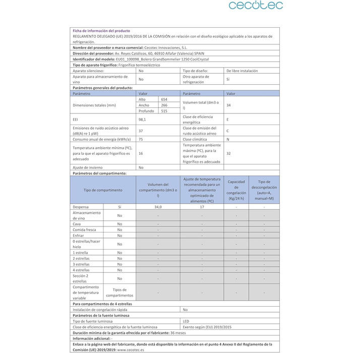 Винний холодильник Cecotec Bolero Grandsommelier 830 Coolcrystal: 12 пляшок, чорний, термоелектрична охолодження, 8-18°C, LED, без шкідливого газу