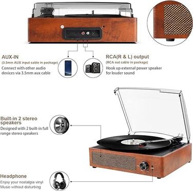 Вініловий програвач із Bluetooth, вбудованими динаміками, вінтажний програвач платівок із трьома швидкостями 33/45/78 об/хв, автостопом, RCA/Aux-in 3,5 мм