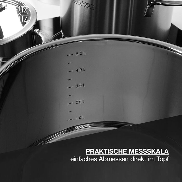 Набір каструль Moritz & Moritz 5 шт. з 4 скляними кришками - каструлі з нержавіючої сталі для індукції та всіх типів плит - стильний набір каструль з кришками та ручками - підходить для миття в посудомийній машині та випікання в духовці