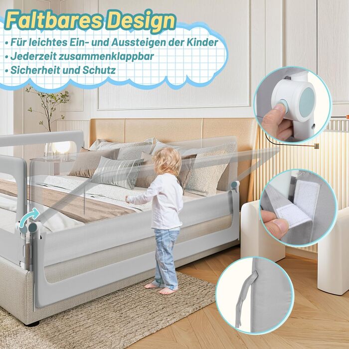 Бортик для ліжка дитячого 200 см, сірий, складаний на 180 градусів, регульована висота 72-86 см, з ременями кріплення