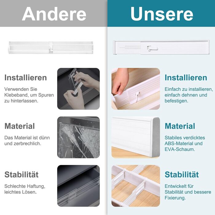 Організатори для ящиків MOFELON (8 шт.), регульовані роздільники для ящиків (33-58.5 см, 6.4 см H), система організації для шаф, комодів, кухні, спальні, ванної кімнати - білий