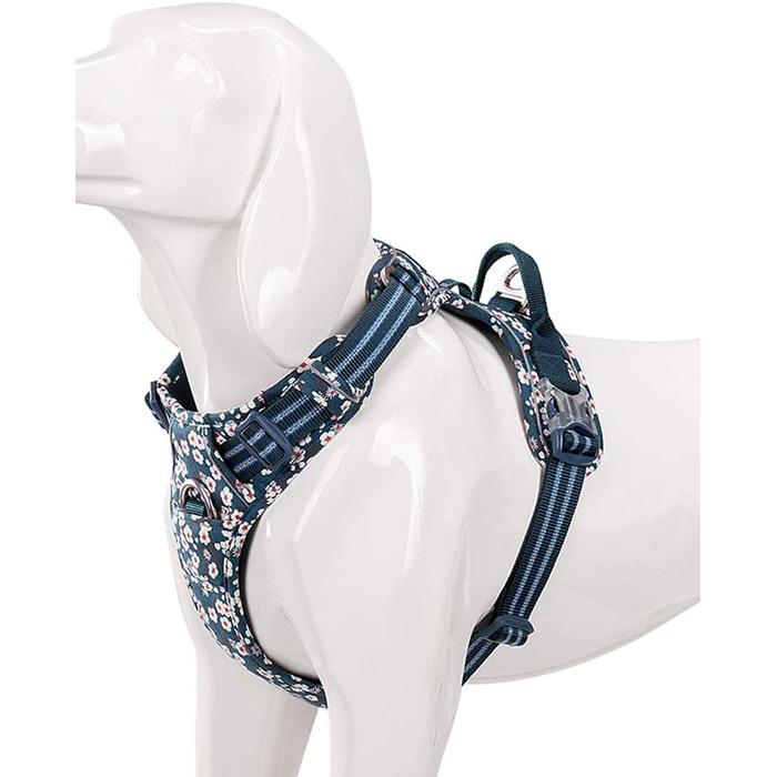 Шлейка для собак Tineer з квітковим візерунком, що не тягнеться, світловідбиваюча нейлонова регульована м'яка жилетка, тренувальна шлейка для маленьких собак середнього розміру (S груди 43-56 см, синя)