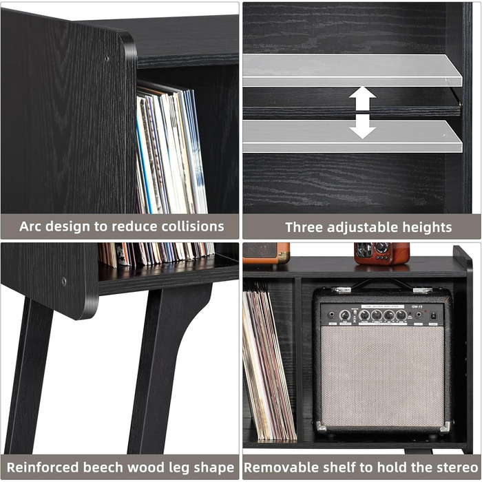 Сумка-органайзер для вінілових платівок LELELINKY: стійка з 4 полицями на 220 платівок, з міцних дерев'яних ніг, Mid-Century дизайн, чорний колір