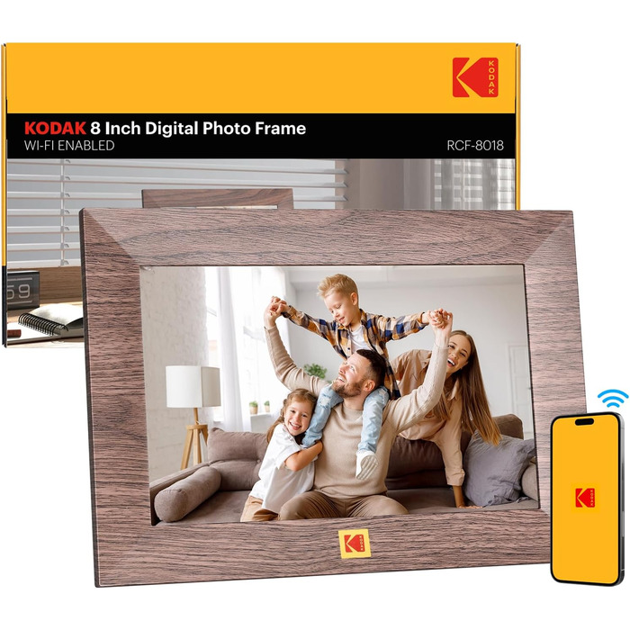 Цифровий фоторамка Kodak WiFi, 8 дюймів, IPS сенсорний екран, 32GB, автоматичне обертання, коричневе дерево