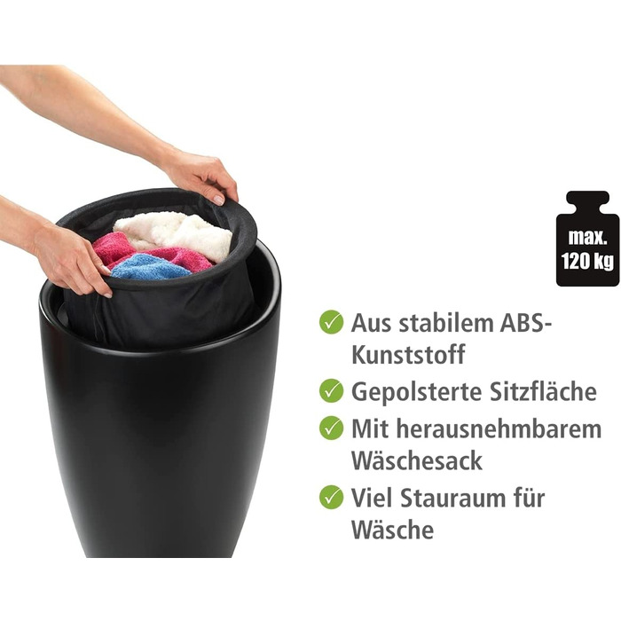 Стілець для ванної кімнати WENKO Candy з місцем для зберігання та збирачем для білизни, ABS-пластик, 20 л, Ø 36 x 50,5 см