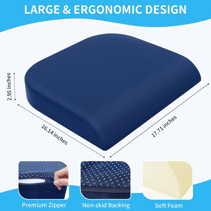 Подушка для сидіння TranquilRelax з Memory Foam для тривалих годин на офіційному кріслі, дім та автомобіль, антиковзаюча подушка для сидіння для полегшення болю в спині, сідниці та куприку (Блакитний, Великий)