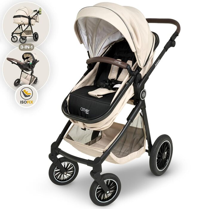 Дитяча коляска 3 в 1 з автокріслом та люлькою | Коляска для новонароджених з 5-точковим ременем безпеки, світло-оливкового кольору, без Isofix