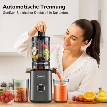 Електричний соковитискач Slow Juicer з великою завантажувальною воронкою 120 мм для цілих овочів та фруктів, об'єм контейнера для соку 600 мл, легке очищення, для сім'ї, фітнесу та здоров'я (сірий)