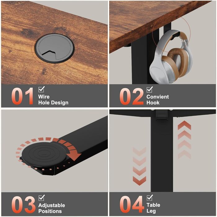 Електричний стіл 140x60 см Vintage Braun: регульована висота, комп'ютерний, без швів