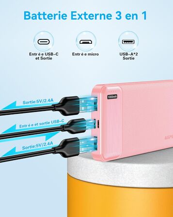 Набір AsperX Power Bank 2 шт. и, 10000 мАг, USB-C, тонкий і міцний, зовнішній акумулятор (рожевий/темно-синій)