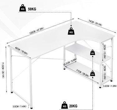 Подібний кутовий письмовий стіл з полицями, 120x71.5x74 см, білий, промисловий дизайн