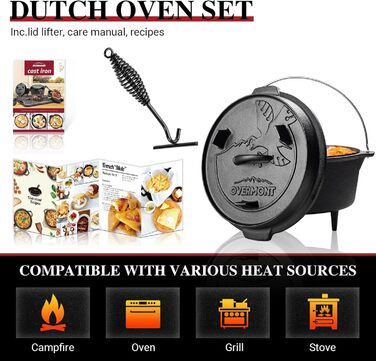 Чавунний казан OVERMONT Dutch Oven (розмір L) для багаття та кемпінгу, з двосторонньою кришкою, ніжками та піднімачем