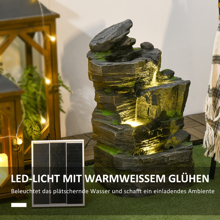 Сонячний фонтан Outsunny з LED-підсвічуванням для вулиці 34 x 28 x 57 см, стійкий до погодних умов та екологічний, 4 ступені циркуляції води, штучний камінь сірого кольору