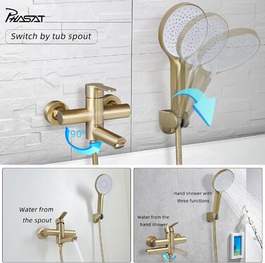 Набір змішувач для ванни PHASAT з душовою лійкою, чорний, настінний монтаж, PTBB13E