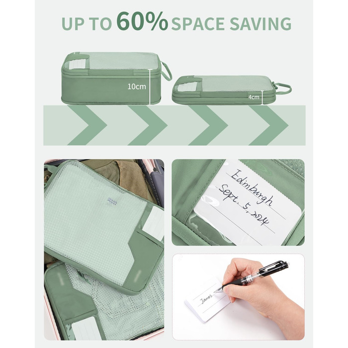 Набір компресійних органайзерів для валізи та рюкзака ECOHUB, 4 предмети, еко-серія з сіткою та бирками, зелений