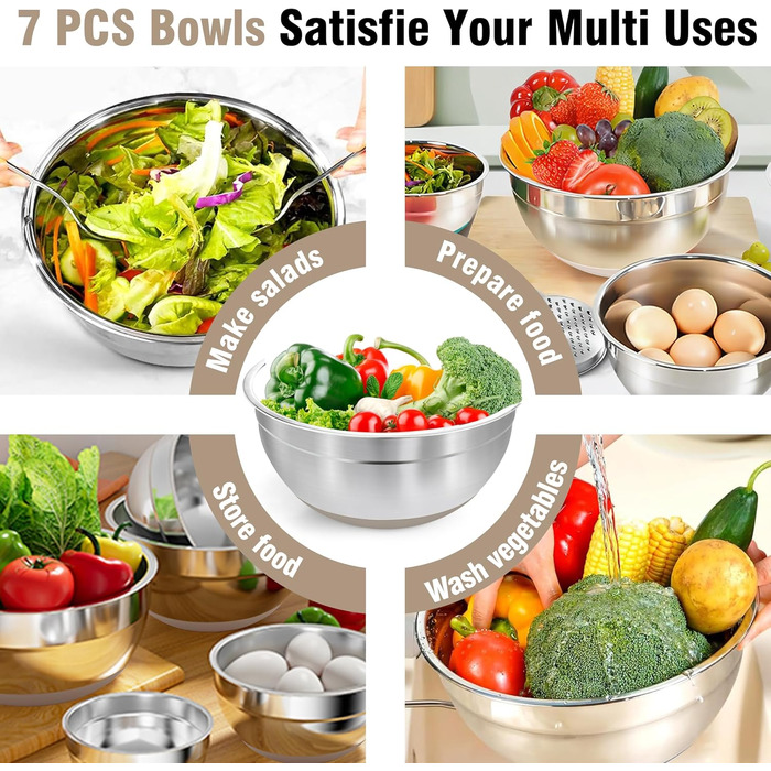 Набір місок для перемішування BEWOS 7 шт. з кришкою, нержавіюча сталь, з терткою, вкладна конструкція, розміри 0.5, 1, 1.4, 1.85, 2.35, 3.2, 4 л для змішування та подачі