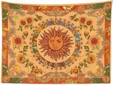 Сонце Мандала Квіти Місяць Природа Ретро - Гобелен - 200x150 см - Великий гобелен - Плакат - Охра Жовтий Оранжево-зелений