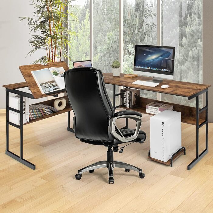 Подібний стіл COSTWAY, дерев'яний кутовий стіл з відкидною стільницею, нижньою книжковою шафою та підставкою для процесора, креслярський стіл Комп'ютерний стіл для домашнього офісу, 170 x 150 x 75 см (коричневий)