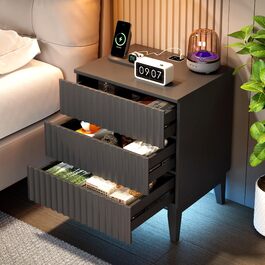 LED тумбочка Gurexl з зарядкою та 3 шухлядами, дерев'яна, з USB та Type-C, з датчиком руху, для спальні, вітальні, офісу, чорна