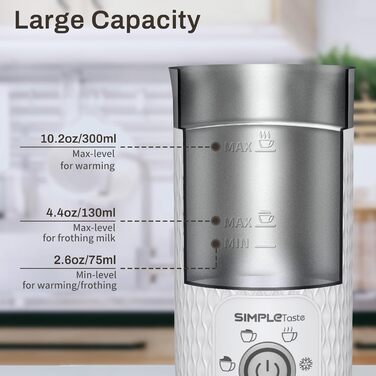 SIMPLETASTE: Електричний спінювач молока 4-в-1, автоматичний, для гарячого та холодного напою, з підігрівом, автоматичне вимкнення, білий
