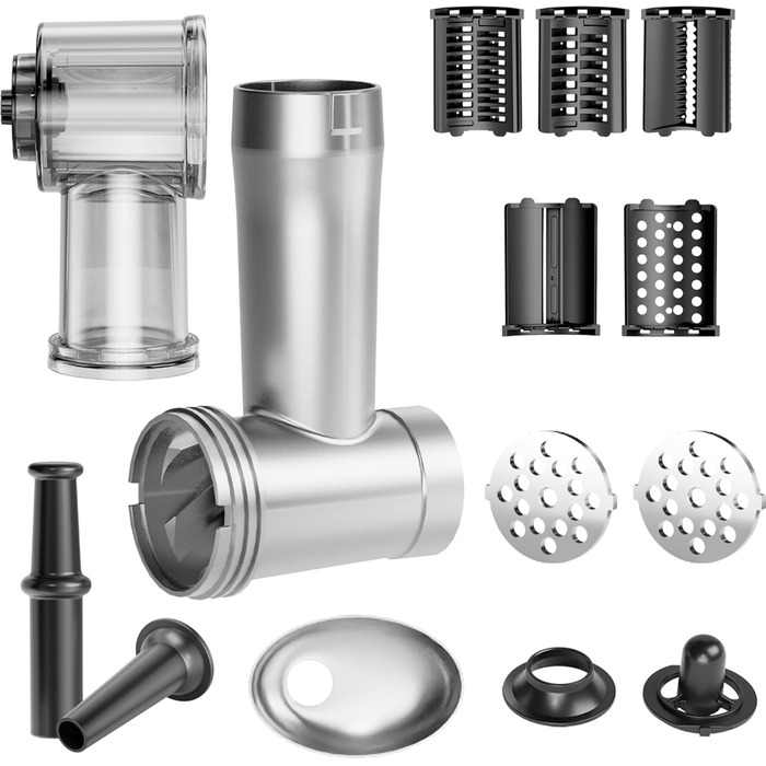 Електрична м'ясоподрібнювач STANEW 2500W з нержавіючої сталі [4-в-1] з 5 лезами (хвильовий ніж/різання/тертка) та подвійним мотором - для м'яса, овочів, зелені + насадка для ковбас та для вирізання печива