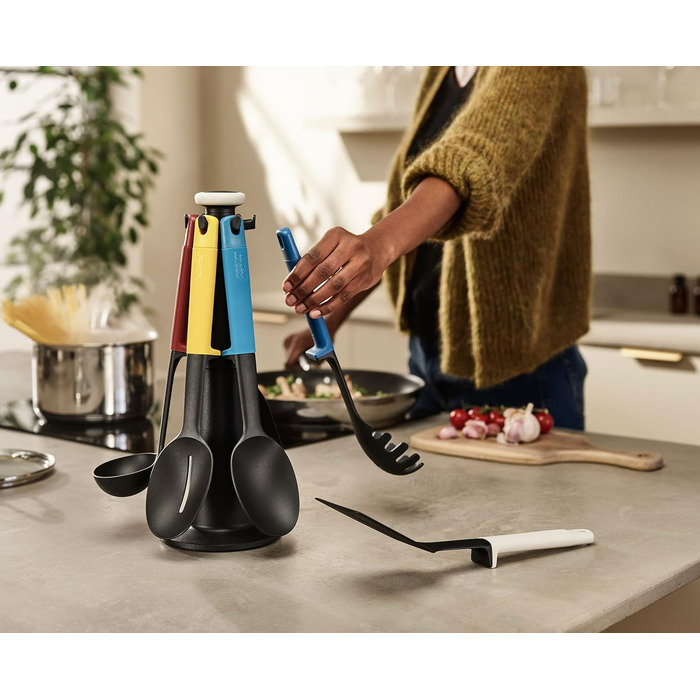 Набір кухонних помічників Joseph Joseph Elevate, 6 предметів з поворотним підставкою, ергономічні силіконові ручки, антипригарне покриття (Блок, Синій/Червоний/Білий)
