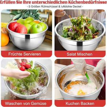 Набір мисок Homikit, 5 шт. з нержавіючої сталі, з кришкою та силіконовим дном, мультифункціональний, для салатів, 6.6L / 3.5L / 2.5L / 1.5L / 1L (червоний, з 3 тертками)