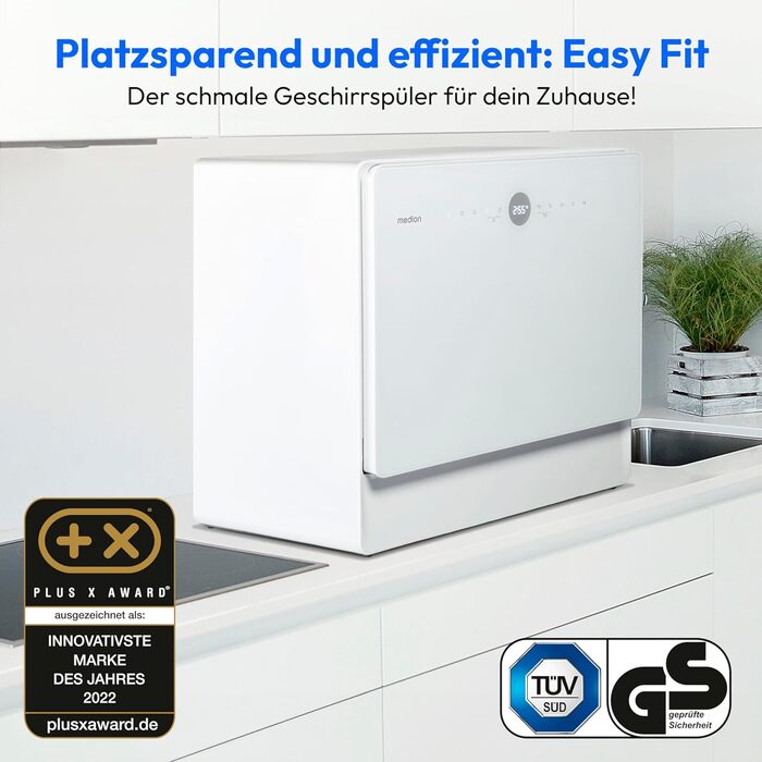 MINI посудомийна машина MEDION DWT51 біла (5 комплектів, з сенсорним керуванням, функція відра, 7 програм, таймер, MD 37766)