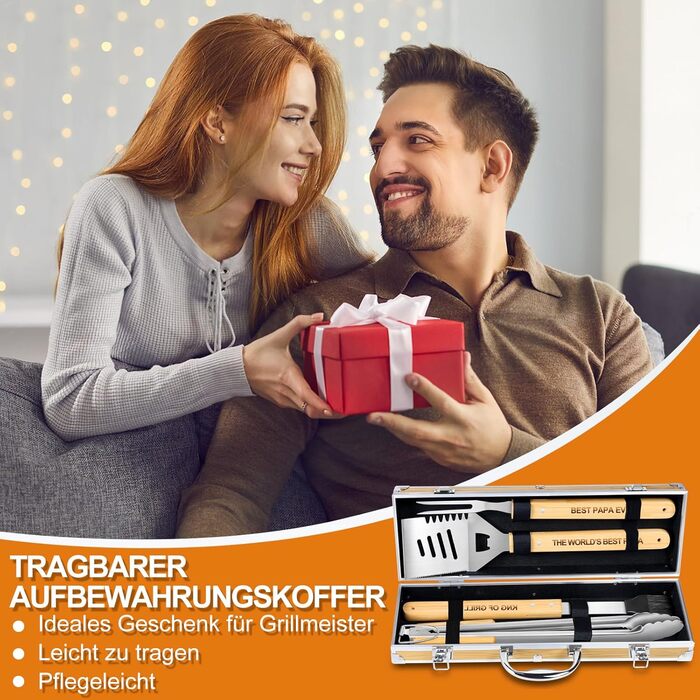 Набір барбекю Papa Geschenke: 4 шт. з нержавіючої сталі, аксесуари для гриля, подарунок для чоловіків, день народження, преміум-якість, набір інструментів для гриля в кейсі для саду та кемпінгу