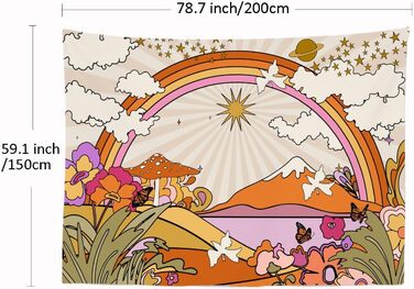 Гобеленова прикраса для дому Rainbow Retro Vintage Universe 200 x 150 см Настінна вішалка Аксесуари для спальні, вітальні Бежевий, помаранчевий, фіолетовий