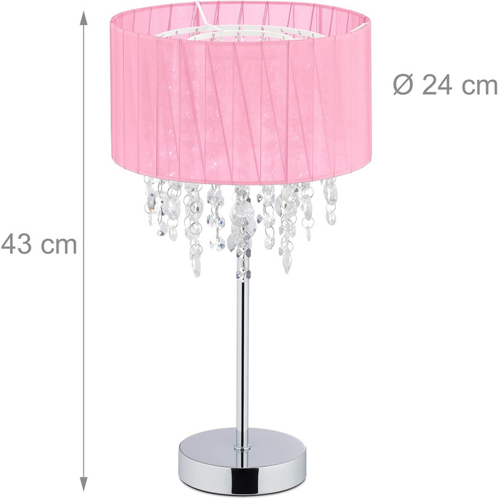 Кришталь настільної лампи Relaxdays, абажур з органзи, кругла підставка, приліжкова лампа, ВxГ 43 x 24 см, рожевий/сріблястий