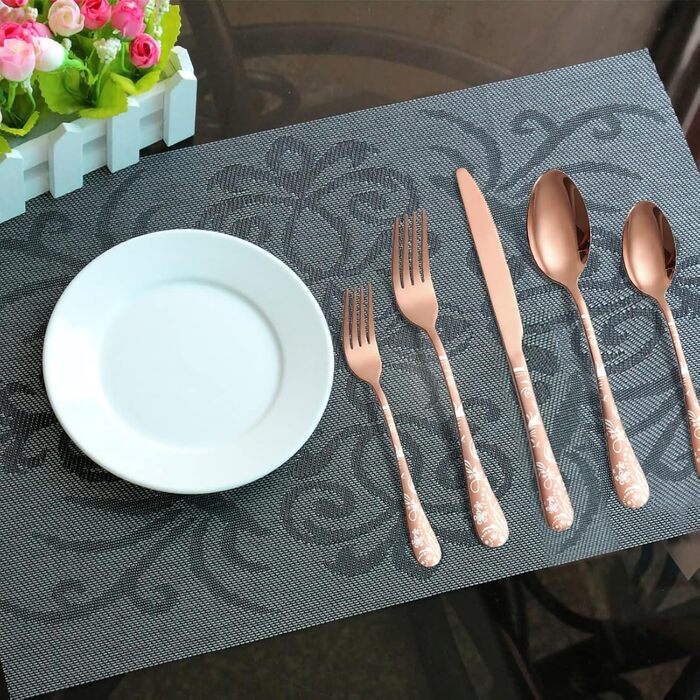 Набір столових приборів на 4 особи, 20 предметів: ножі, виделки, ложки, нержавіюча сталь, рожеве золото, для миття в посудомийній машині