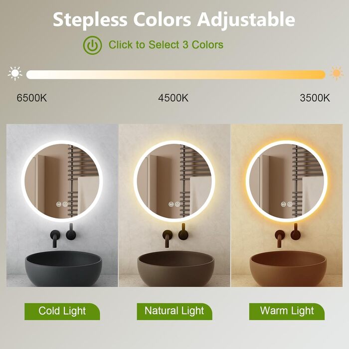 LED дзеркало для ванної кімнати AllRight з підсвічуванням 50 см, кругле, димування, 3 кольори світла, сенсорне керування, антизапар, для макіяжу та гоління