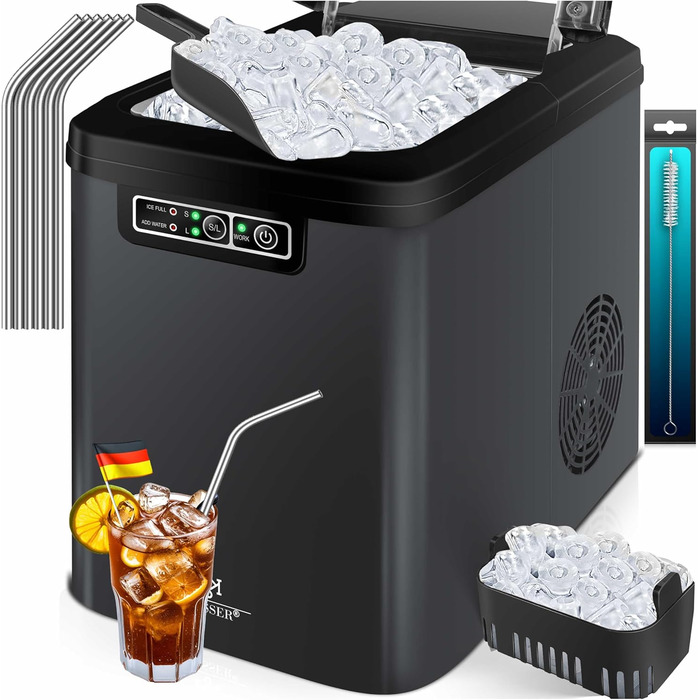 Машина для приготування льоду KESSER® з нержавіючої сталі, 12 кг/24 год, швидка підготовка (7 хв), 2.2 л бак, 2 розміри кубиків льоду, LED-дисплей, самоочищення, аксесуари, антрацит