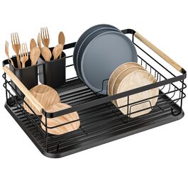 Сушарка для посуду Dreamhigh® з піддоном та контейнером для столових приборів, чорна, 43x30.5x14 см, для 3-5 осіб