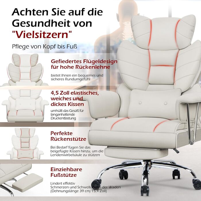 Офісний крісло NaspaLuro з підставкою для ніг, ергономічне, з підтримкою попереку, з високою спинкою, для дому та офісу, сірого кольору (білий 2, 77x66x134 см)