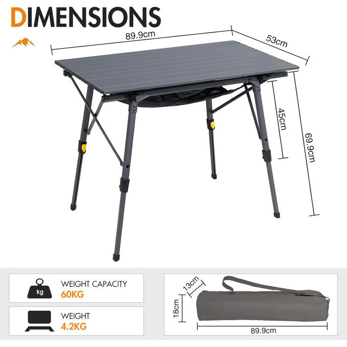 Складаний кемпінговий стіл Portal з регулюванням висоти, алюмінієвий, 90 x 53 см, сірий