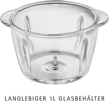 WMF Kult X Електричний подрібнювач міні-подрібнювач з скляною чашею та лезами з нержавіючої сталі, для овочів, трав та горіхів, 1л, довговічний, придатний для миття в посудомийній машині