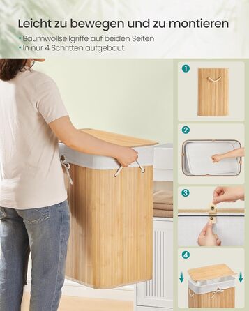 SONGMICS Кошик для білизни 95 л з кришкою, бамбук, з ручками, складний, знімний мішок для прання, для пральні, LCB060Y01