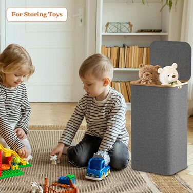 Кошик для білизни з кришкою 70л, вузький, з бамбуковими ручками та внутрішньою кишенею, складний, портативний, для пральні, йоги, темно-сірий 70л