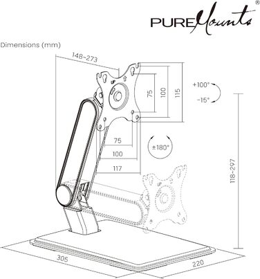 Кріплення для монітора PureMounts, підставка для сенсорного монітора, 17-32 дюйми, до 8 кг, VESA 75/100, 360° обертання, регулювання висоти, нахил, чорний