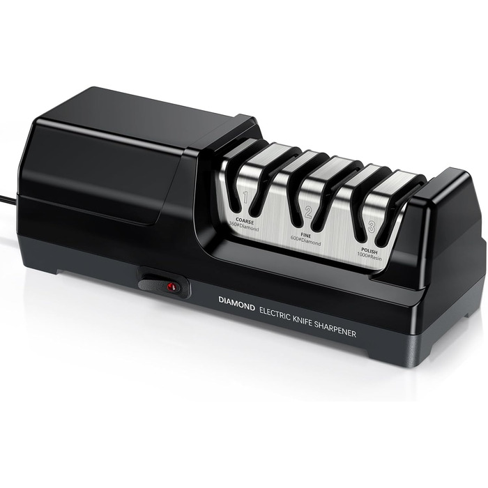 Електричний точило для ножів MusyVocay з алмазним покриттям, професійне 3-ступеневе, кухонне точило з регулюванням кута 20 градусів для грубого шліфування та відновлення леза (чорний)