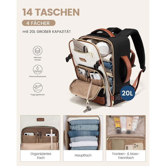 LOVEVOOK Рюкзак ручної поклажі, 40L, для подорожей та бізнесу, водонепроникний, 17.3 дюйми, для жінок, зелено-бежевий (40x20x25 см)