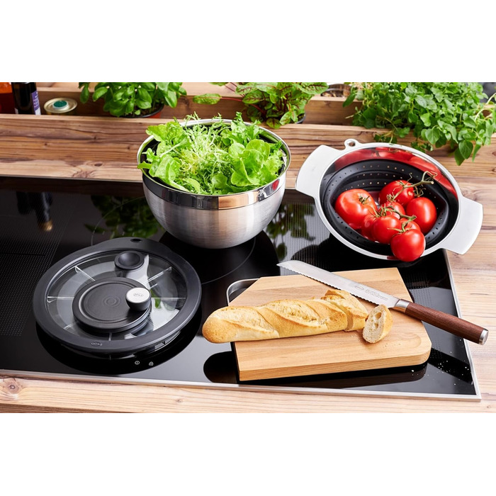 Салатниця-центрифуга RÖSLE з нержавіючої сталі 18/10, діаметр 24 см, з кришкою для зберігання